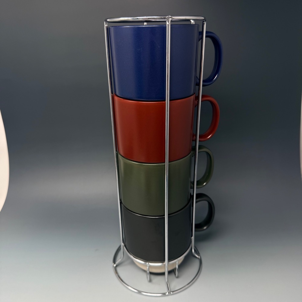 Over and Back Stacking Mugs Set of 4 with Metal Rack Matte Multicolor Stoneware
